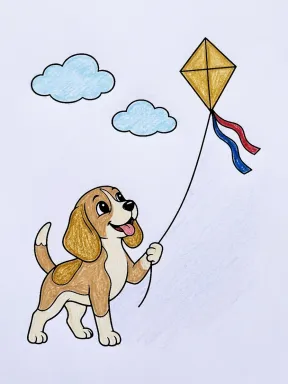 Beagle Flying a Kite Coloring Page, colored example