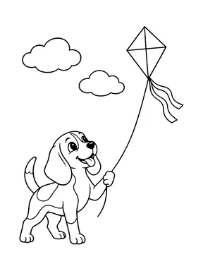 A cute beagle flying a diamond-shaped kite under two clouds.