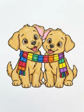 Puppies Sharing a Scarf Coloring Page, colored example