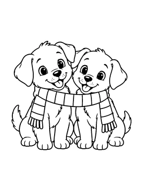 Two cute puppies sharing one long striped scarf.