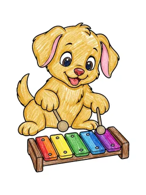 Puppy Playing a Xylophone Coloring Page, colored example