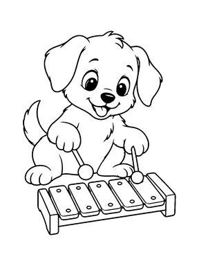 A cute puppy playing a toy xylophone with two mallets.