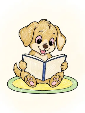 Puppy Reading a Book Coloring Page colored with AI in crayon style