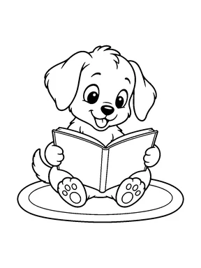 A cute puppy reading an open picture book while sitting on a mat.