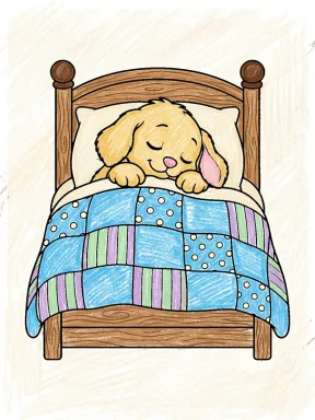 Sleepy Puppy in Bed Coloring Page, colored example