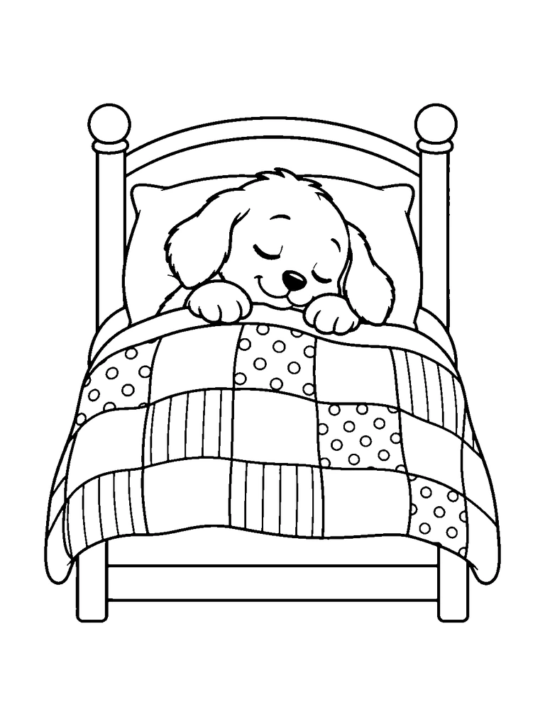 A cute puppy sleeping under a patchwork blanket on a simple bed.