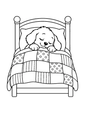 A cute puppy sleeping under a patchwork blanket on a simple bed.