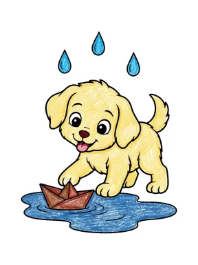 Puppy with a Paper Boat Coloring Page colored with AI in crayon style