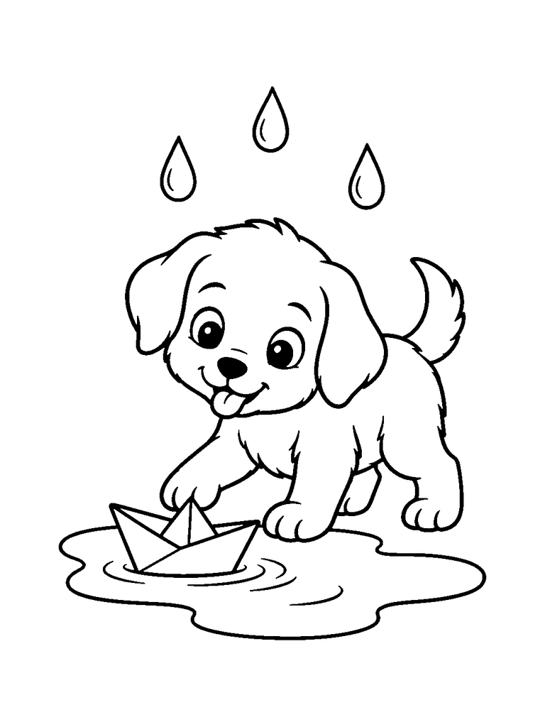 A cute puppy floating a paper boat in a small puddle as raindrops fall.