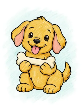 Puppy Holding a Bone Coloring Page colored with AI in crayon style