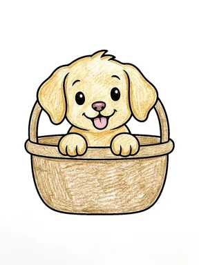 Puppy in a Basket Coloring Page colored with AI in crayon style