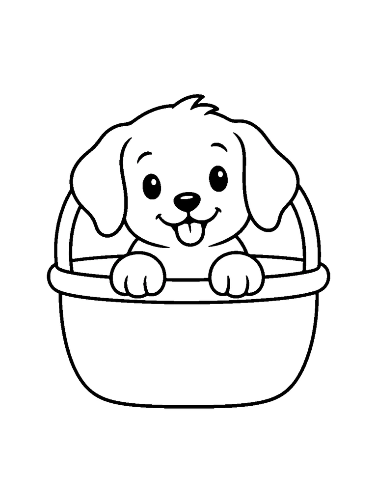A puppy peeking out of a basket.