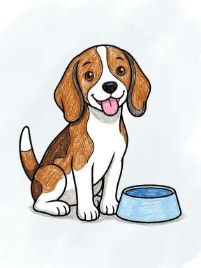 Beagle with a Bowl Coloring Page colored with AI in crayon style