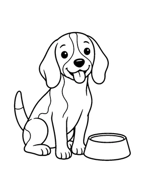 A beagle sitting beside an empty bowl.
