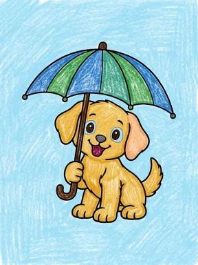 Puppy Under an Umbrella Coloring Page colored with AI in crayon style
