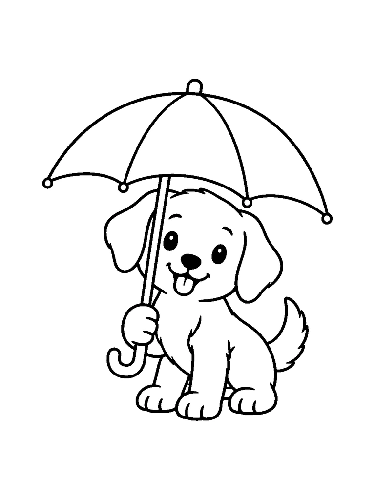 A puppy under a plain umbrella.