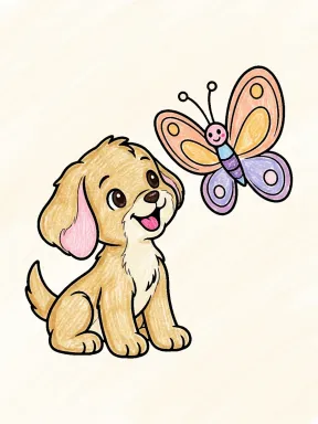 Puppy and Butterfly Coloring Page colored with AI in crayon style