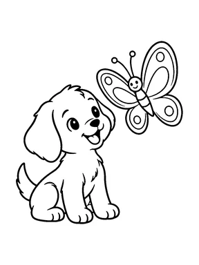 A puppy next to a large butterfly.