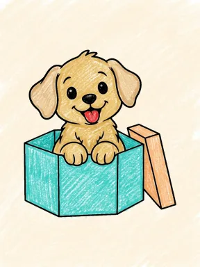 Puppy in a Gift Box Coloring Page colored with AI in crayon style