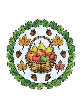 Fall Harvest Basket Wreath Coloring Page colored with AI in crayon style