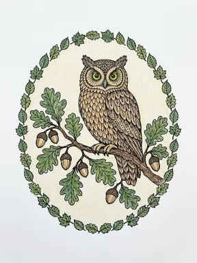 Fall Owl on an Oak Branch Coloring Page colored with AI in crayon style