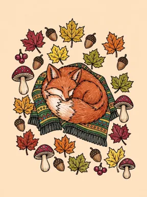 Cozy Fall Fox Coloring Page colored with AI in crayon style