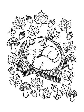 A fox curled up on a patterned blanket, surrounded by maple leaves, acorns, berries and spotted mushrooms.