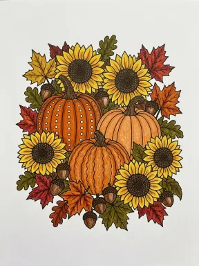Fall Pumpkins and Sunflowers Coloring Page colored with AI in crayon style