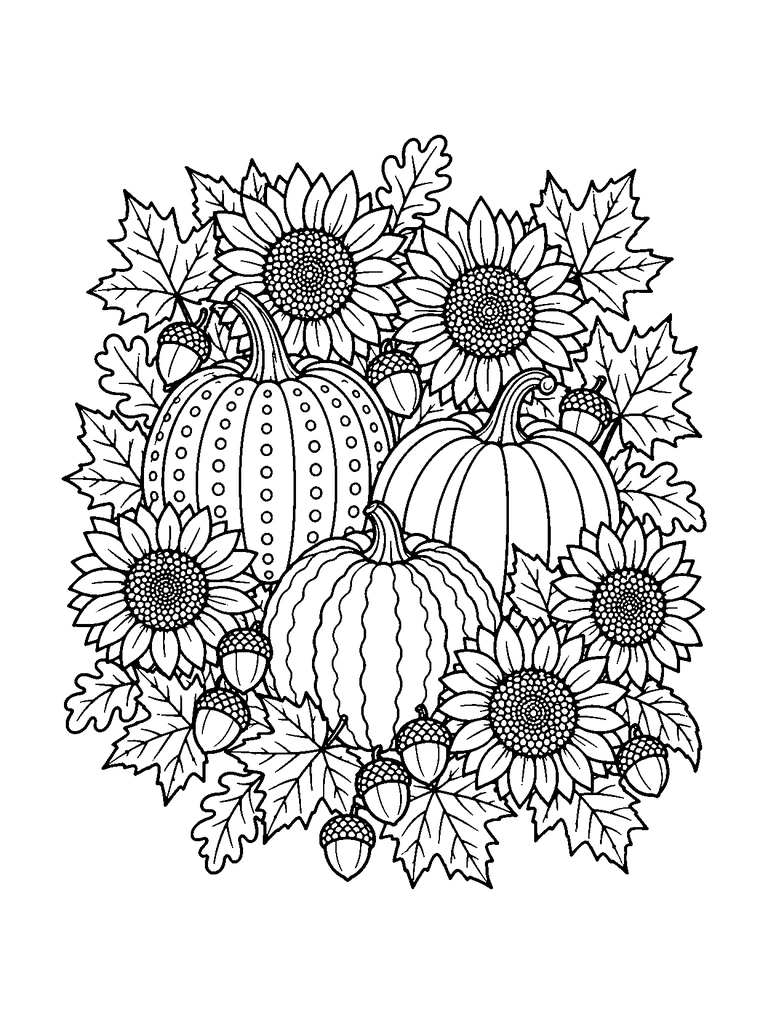 A dense autumn cluster of ribbed pumpkins, sunflowers, maple and oak leaves, and acorns.