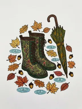 Fall Rain Boots and Umbrella Coloring Page colored with AI in crayon style