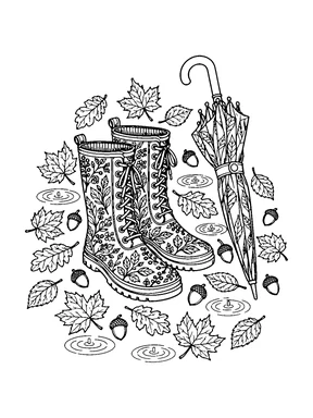 A pair of lace-up rain boots next to a closed umbrella, surrounded by fallen leaves, acorns and puddle ripples.