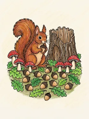 Fall Squirrel by a Tree Stump Coloring Page, colored example