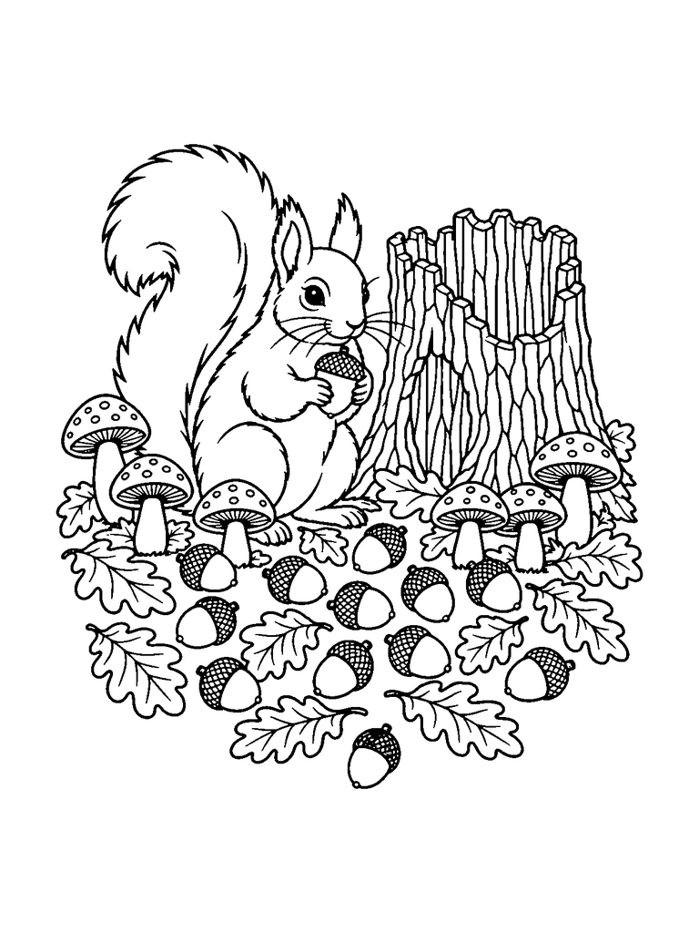 A squirrel holding an acorn beside a hollow tree stump, with scattered acorns, oak leaves and mushrooms.