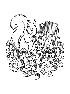 A squirrel holding an acorn beside a hollow tree stump, with scattered acorns, oak leaves and mushrooms.