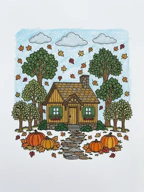 Fall Cabin in the Woods Coloring Page colored with AI in crayon style