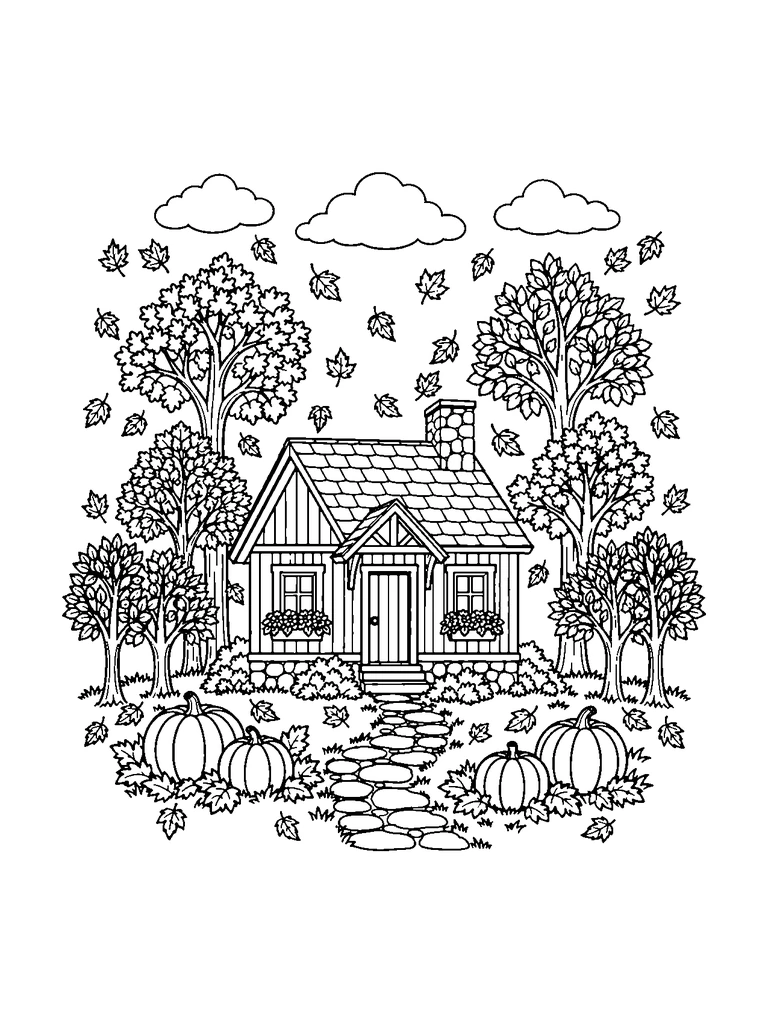A small cabin in the woods surrounded by trees, falling leaves and pumpkins under a few clouds.