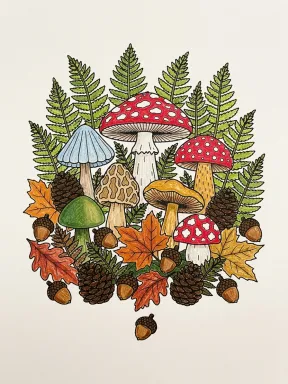 Fall Woodland Mushrooms Coloring Page colored with AI in crayon style