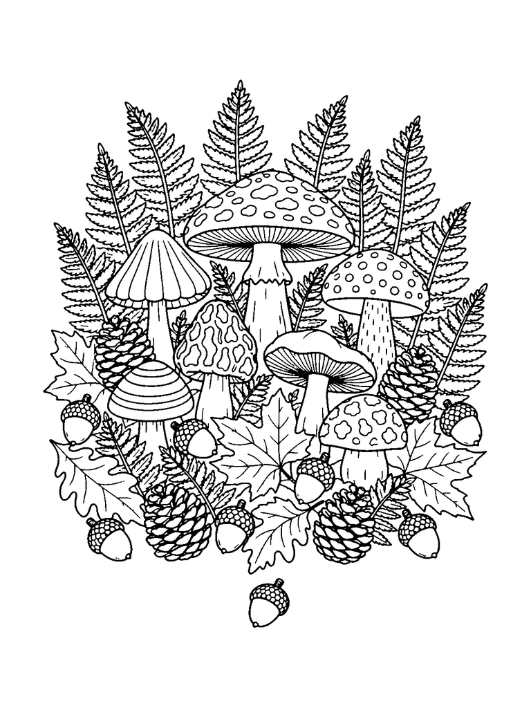 Patterned woodland mushrooms among fern fronds, fallen leaves, pinecones and acorns.
