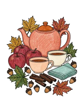 Fall Tea Still Life Coloring Page, colored example