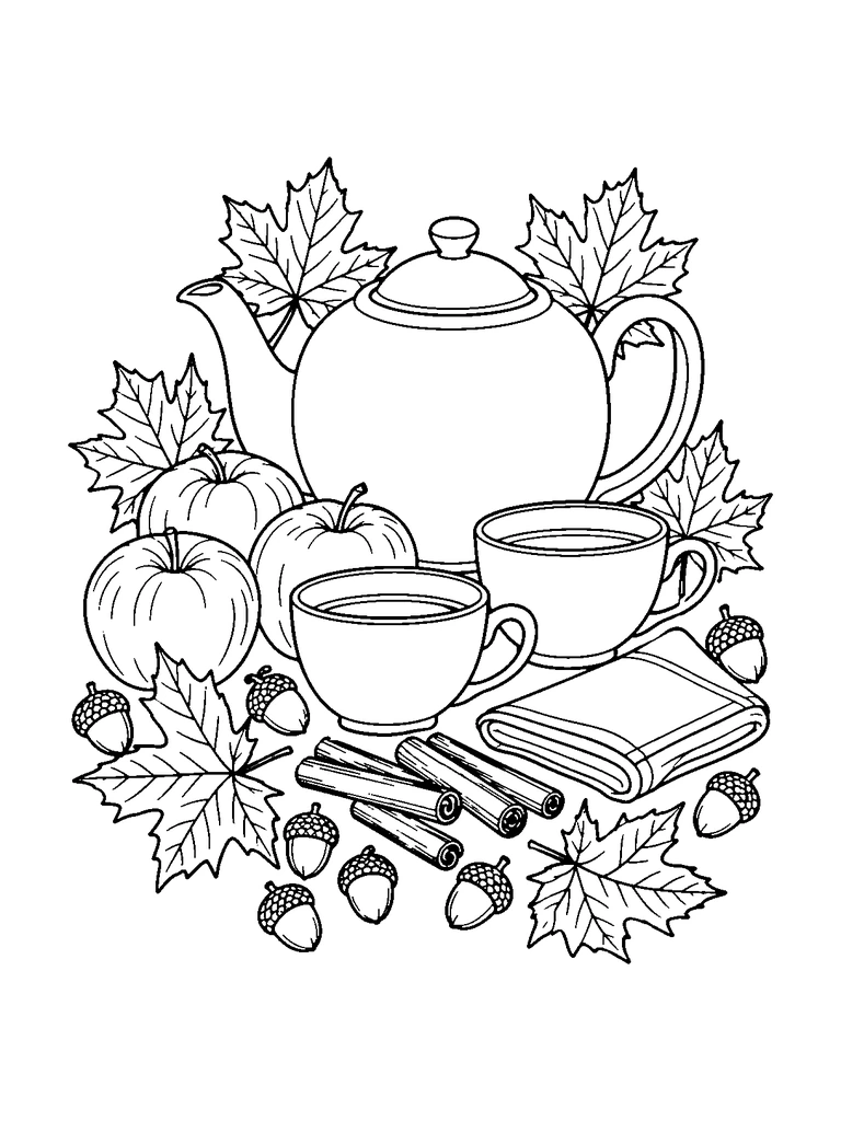 An autumn still life with a teapot, two teacups, a folded napkin, apples, maple leaves, cinnamon sticks and acorns.