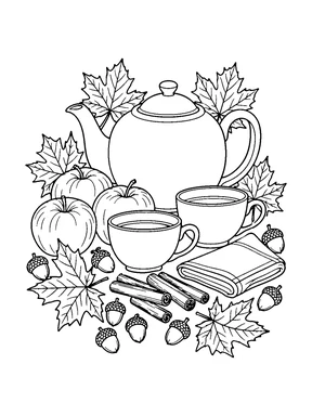An autumn still life with a teapot, two teacups, a folded napkin, apples, maple leaves, cinnamon sticks and acorns.