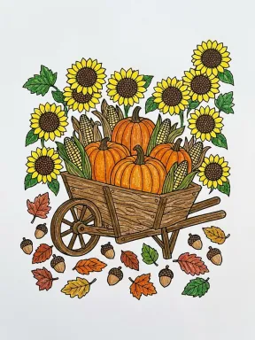 Fall Harvest Wheelbarrow Coloring Page colored with AI in crayon style