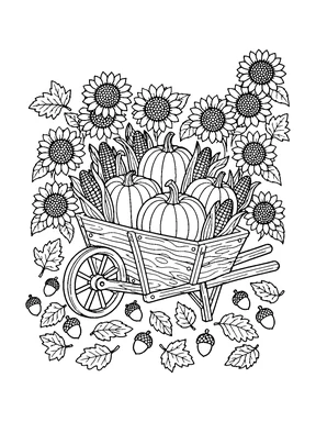 A wheelbarrow loaded with pumpkins and ears of corn, surrounded by sunflower heads, leaves and acorns.