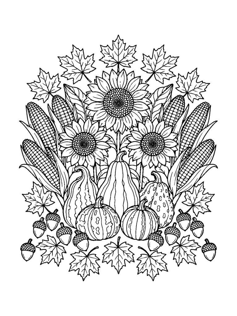 A symmetrical harvest display of sunflower heads, ears of corn, gourds, maple leaves and acorns.