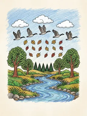 Fall Geese Over a River Coloring Page, colored example