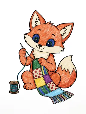 Fox Sewing a Scarf Coloring Page, colored example