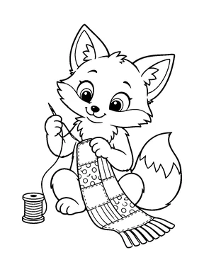A cute fox sewing a patchwork scarf with a needle and a spool of thread.