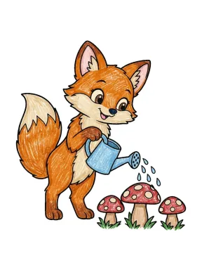 Fox Watering Mushrooms Coloring Page colored with AI in crayon style