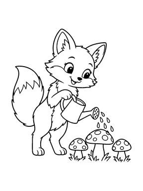 A cute fox watering three mushrooms with a watering can.