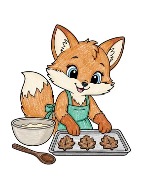 Fox Baking Leaf Cookies Coloring Page colored with AI in crayon style